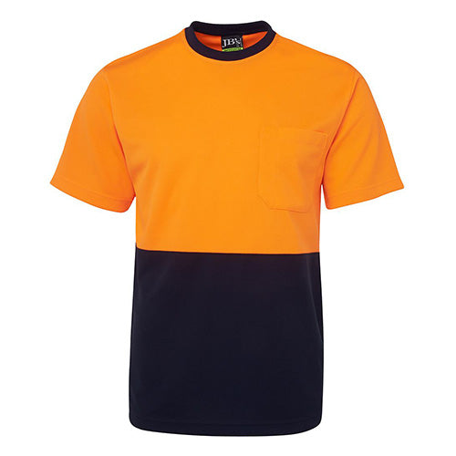 JB’s Hi Vis Traditional T-Shirt, designed for active safety, features durable 100% polyester, moisture-wicking micro mesh fabric, quick-drying properties, and UPF 50+ sun protection, ideal for workplace visibility and comfort.