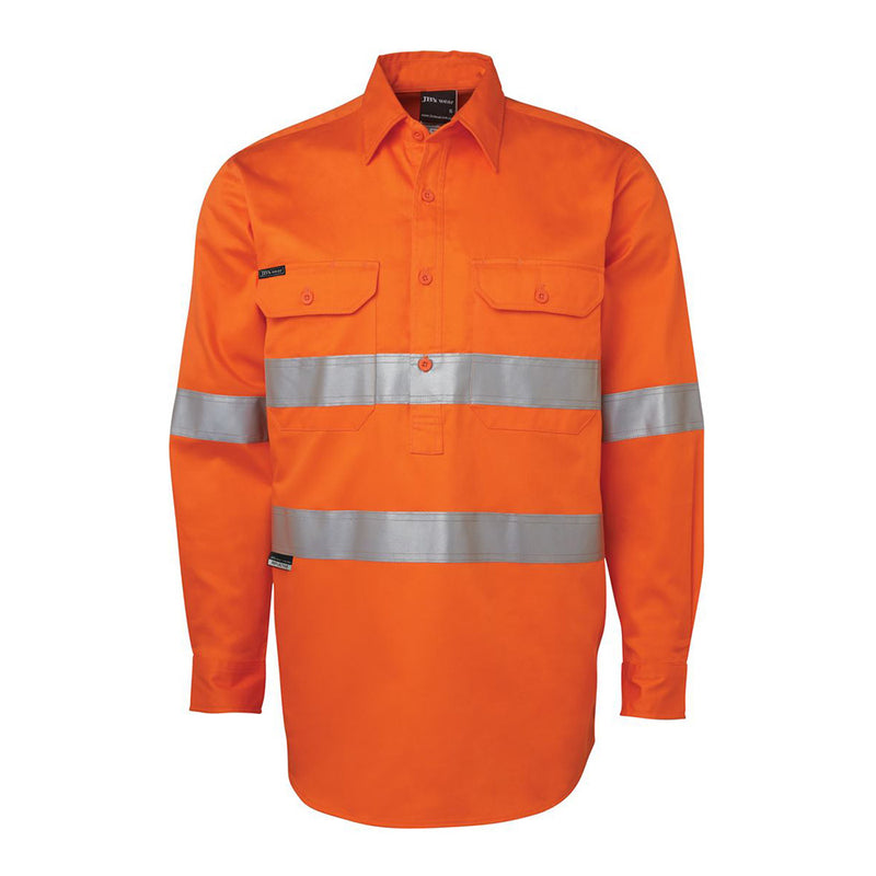 Load image into Gallery viewer, JB's Hi Vis Taped L/S Close Front Work Shirt, featuring reflective stripes, two buttoned pockets, and a durable two-piece collar, designed for safety and comfort in demanding work environments.