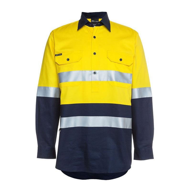Load image into Gallery viewer, JB's Hi Vis Taped L/S Close Front Work Shirt featuring reflective stripes, button-down pockets, and a curved hem, designed for high-visibility work environments and compliance with safety standards.