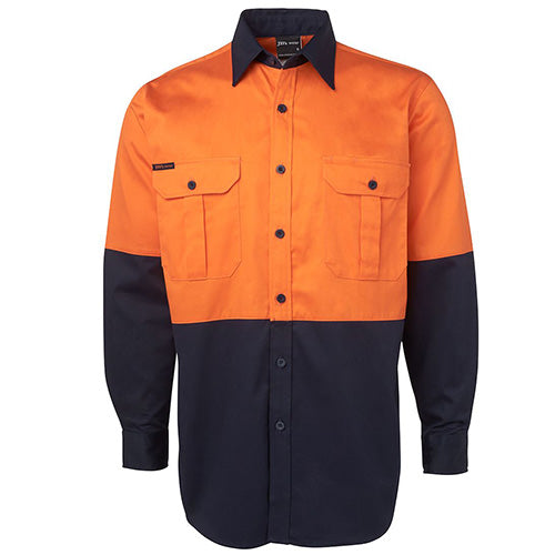JB's Hi Vis 190gsm Cotton L/S Work Shirt features long sleeves, a button-up design, and two front pockets with flaps. Ideal for safety, it offers durability with a two-piece collar and curved hem.