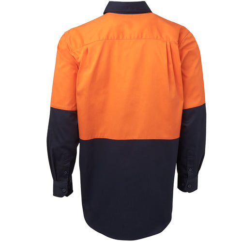 Load image into Gallery viewer, JB's Hi Vis 190gsm Cotton L/S Work Shirt, featuring a back view with two-piece collar and button-down flap pockets, optimized for safety and durability with reinforced seams and UPF protection.