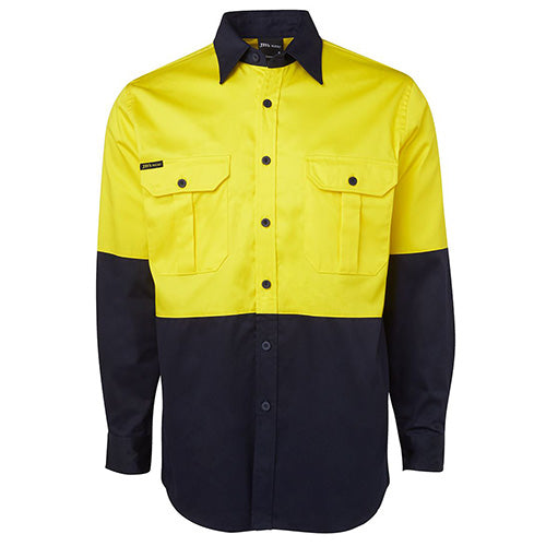 JB's Hi Vis 190gsm Cotton L/S Work Shirt featuring a two-piece collar, two front pockets with button-down flaps, and a curved hem. Ideal for workplace safety, offering durability and UV protection.