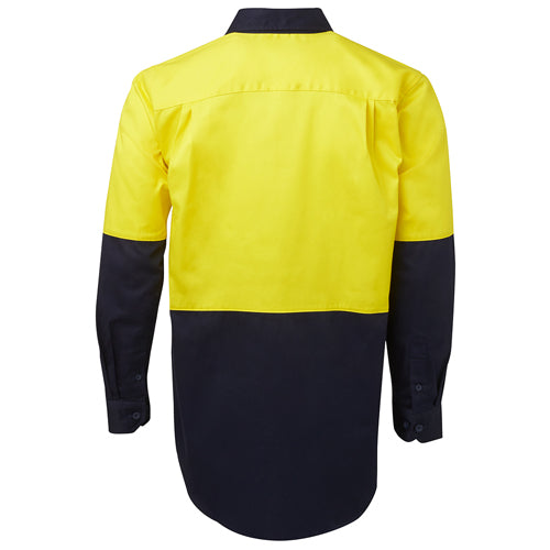 Load image into Gallery viewer, JB's Hi Vis 190gsm Cotton L/S Work Shirt featuring a two-piece collar, two front pockets with button-down flaps and pen insert, designed for durability and comfort, ideal for workplace safety.