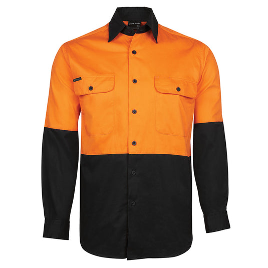 JB's Hi Vis Cotton L/S 150gsm Work Shirt with button-down front pockets and pen insert, featuring contrast panels on sleeves and collar, designed for comfort and safety compliance.