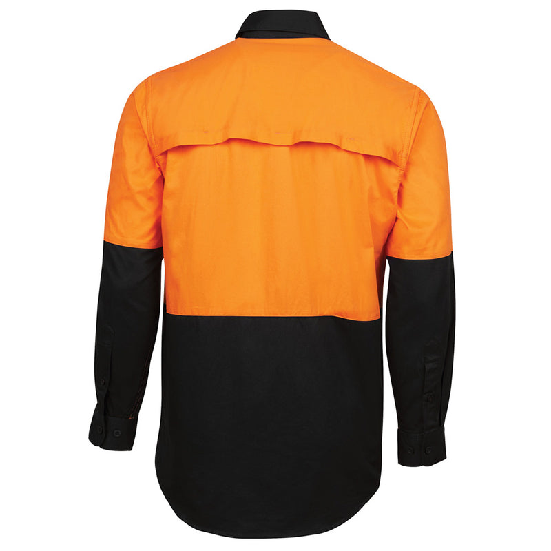 Load image into Gallery viewer, JB's Hi Vis Cotton L/S 150gsm Work Shirt featuring a wide back neck yoke, cooling underarm gussets, button-down pockets, and a contrast panel, designed for comfort and UPF 50+ protection.