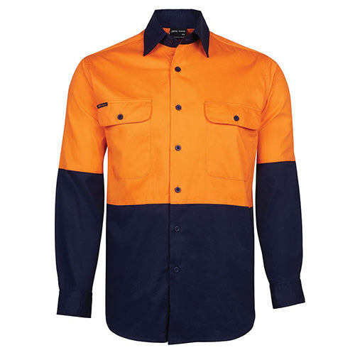 JB's Hi Vis Cotton L/S 150gsm Work Shirt features a long-sleeved design with a two-piece collar, two front pockets with button-down flaps, and a curved hem, ideal for workplace safety.