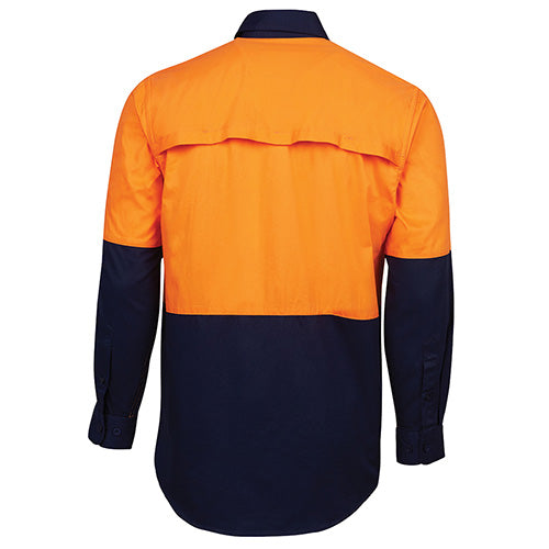 Load image into Gallery viewer, JB's Hi Vis Cotton L/S 150gsm Work Shirt features a wide back neck yoke with mesh, cooling gussets, and two front pockets with button-down flaps, ideal for workplace safety and comfort.