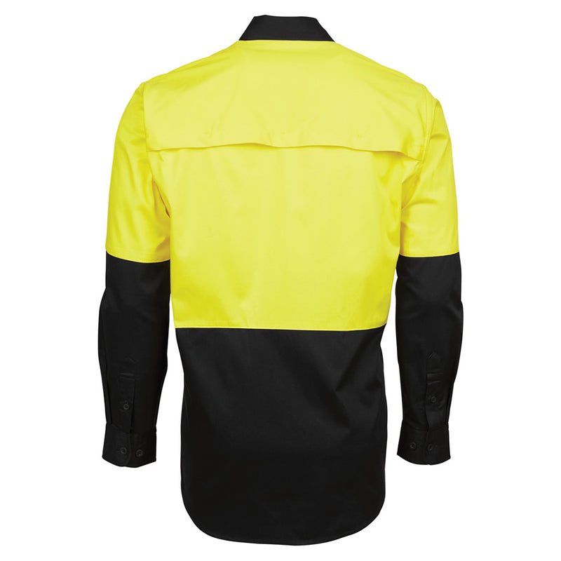 Load image into Gallery viewer, JB's Hi Vis Cotton L/S 150gsm Work Shirt featuring a wide back neck yoke with concealed mesh, long sleeves with contrast panel, and two front pockets with button-down flaps, ideal for workplace safety.
