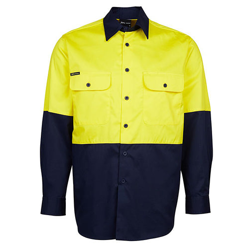 Load image into Gallery viewer, JB's Hi Vis Cotton L/S 150gsm Work Shirt featuring a contrast panel design, two front pockets with button-down flaps, and a two-piece collar, ideal for workplace safety and comfort.