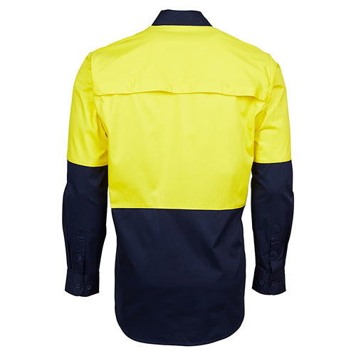 Load image into Gallery viewer, JB's Hi Vis Cotton L/S 150gsm Work Shirt features a wide back neck yoke, concealed mesh gussets, and button-down pockets, ideal for safety and comfort in workplace environments.