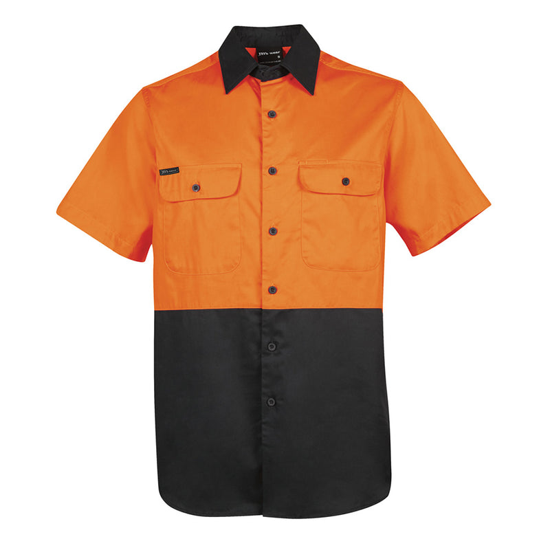 Load image into Gallery viewer, JB's Hi Vis Cotton S/S 150gsm Work Shirt featuring a two-piece collar, button-down pockets with pen insert, and a wide back neck yoke, designed for safety and comfort in work environments.