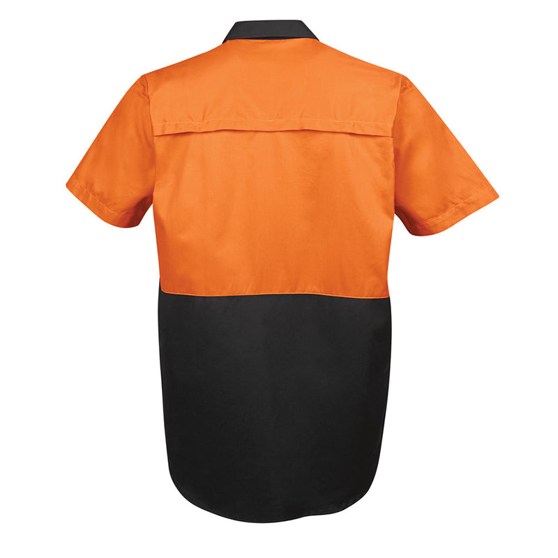 Load image into Gallery viewer, JB's Hi Vis Cotton S/S 150gsm Work Shirt showcasing its durable design with a wide back neck yoke, concealed mesh, cooling gussets, and two front pockets, ideal for safety and comfort.