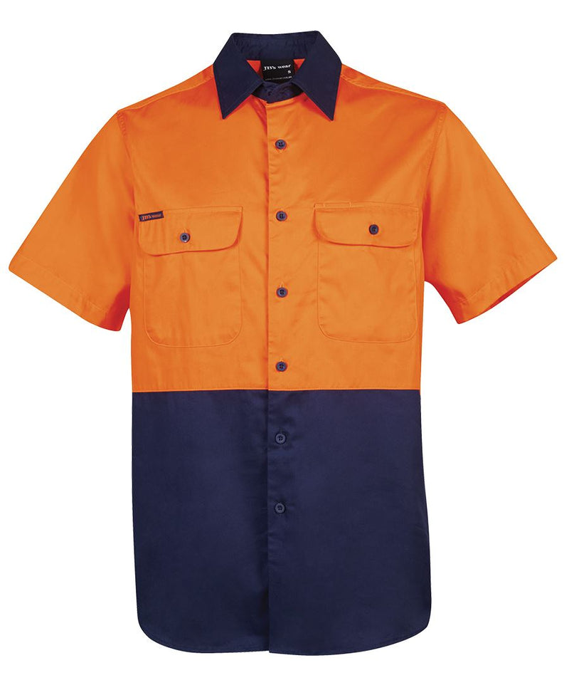 Load image into Gallery viewer, JB's Hi Vis Cotton S/S 150gsm Work Shirt features a two-piece collar, curved hem, and button-down front pockets, designed for safety and comfort with concealed mesh cooling gussets and contrast panels.