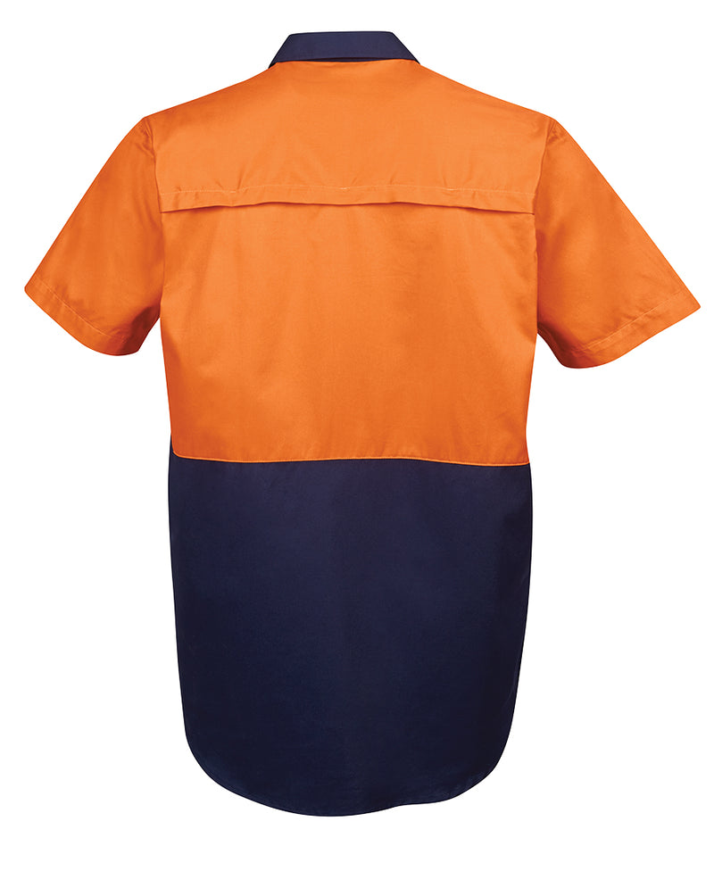 Load image into Gallery viewer, JB's Hi Vis Cotton S/S 150gsm Work Shirt, showcasing the back view with a two-piece collar, concealed mesh yoke, and cooling gussets at underarms. Ideal for safety and comfort in work environments.