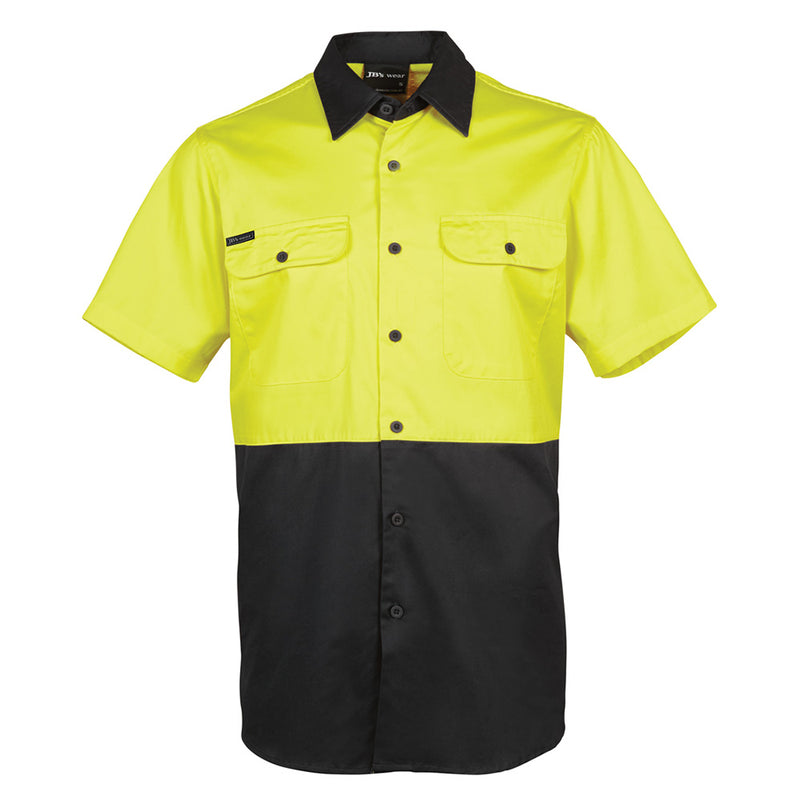 Load image into Gallery viewer, JB's Hi Vis Cotton S/S 150gsm Work Shirt features a black collar, button-down front, and two front pockets. Ideal for workplace safety, with cooling gussets and UPF 50+ protection.