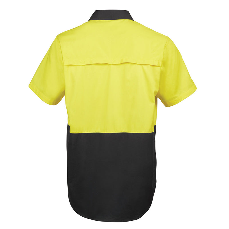 Load image into Gallery viewer, JB's Hi Vis Cotton S/S 150gsm Work Shirt, featuring a contrast panel, two-piece collar, and two front pockets with button-down flaps, designed for optimal comfort and UPF 50+ protection.