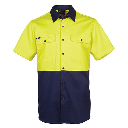 Load image into Gallery viewer, JB's Hi Vis Cotton S/S 150gsm Work Shirt featuring a two-piece collar, button-down front pockets, and a contrast panel design, ideal for workplace safety and comfort with UPF 50+ protection.