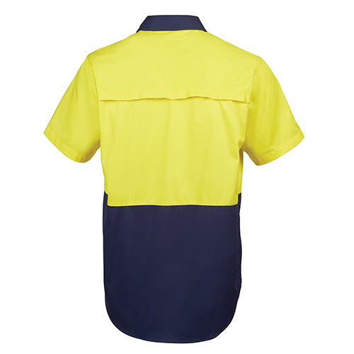Load image into Gallery viewer, JB's Hi Vis Cotton S/S 150gsm Work Shirt features a durable fabric with a wide back neck yoke, cooling gussets, two front pockets, and a contrast panel, ideal for workplace safety and comfort.