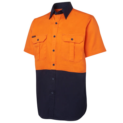 Load image into Gallery viewer, JB’s Hi Vis Cotton Short Sleeve Shirt features a collar, buttons, and two front pockets with button-down flaps, showcasing durable construction suited for workplace safety and comfort.