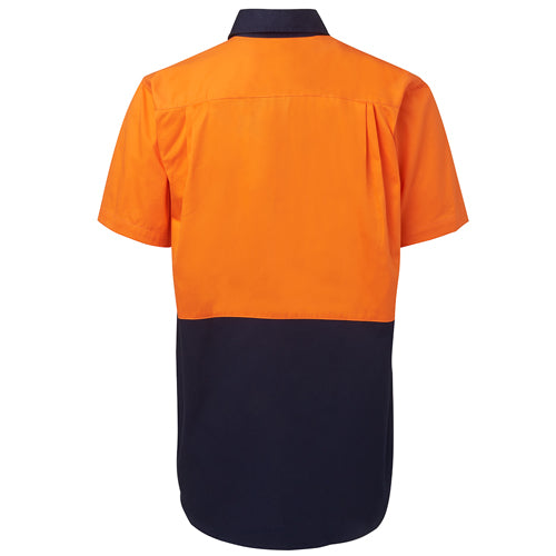 Load image into Gallery viewer, Rear view of JB’s Hi Vis Cotton Short Sleeve Shirt, featuring a two-piece collar and two front pockets with button-down flaps, designed for durability and UPF protection suitable for safety workwear.