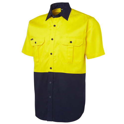 Load image into Gallery viewer, JB’s Hi Vis Cotton Short Sleeve Shirt features a buttoned front, two chest pockets with flaps, and a two-piece collar, embodying functional design suited for active safety and workplace environments.