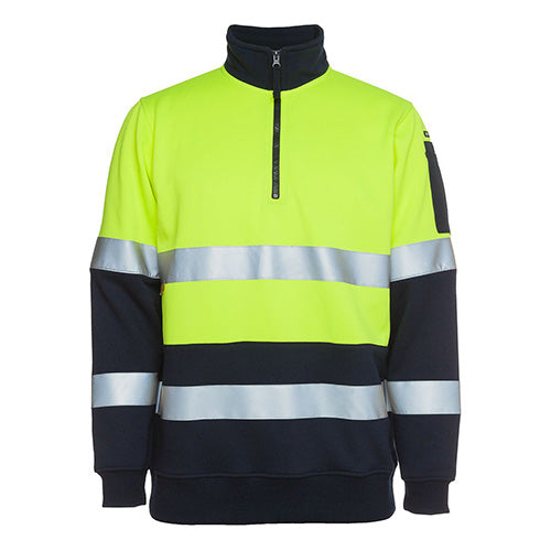 Load image into Gallery viewer, JB's Hi Vis Half Zip Taped Fleece Sweater features reflective stripes, durable polyester-cotton blend, ribbed cuffs, and a pen pocket on the sleeve, ideal for safety and comfort in work environments.