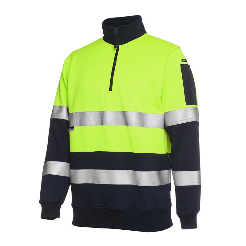 Load image into Gallery viewer, JB's Hi Vis Half Zip Taped Fleece Sweater features reflective stripes, durable polyester-cotton blend, ribbed cuffs, and a pen pocket on the sleeve, ideal for safety and comfort in work environments.