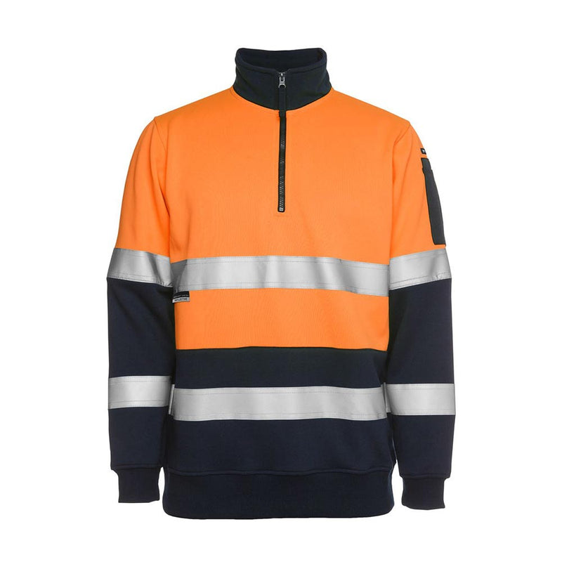 Load image into Gallery viewer, JB's Hi Vis Half Zip Taped Fleece Sweater features bright orange and navy fabric with reflective bands, a pen pocket on the sleeve, and a half-zip collar, ideal for safety and comfort.