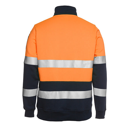 Load image into Gallery viewer, JB's Hi Vis Half Zip Taped Fleece Sweater features reflective stripes and a front contrast panel, worn by a person. This durable outerwear includes a pen pocket on the sleeve, ideal for workplace safety.