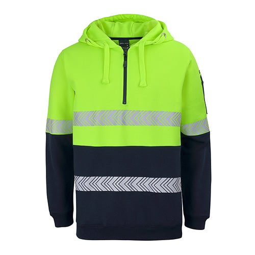 Load image into Gallery viewer, JB's Hi Vis Half Zip Segmented Tape Hoodie features a green and black design with a white stripe, contrast panels, and reflective tape, ideal for safety and comfort in workplace settings.