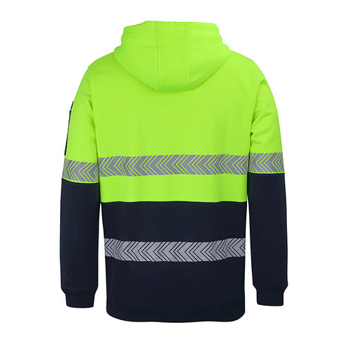 Load image into Gallery viewer, JB's Hi Vis Half Zip Segmented Tape Hoodie with hood, featuring a contrast panel, ribbed cuffs, and reflective tape. Designed for safety and comfort with pen pocket on sleeve and side pockets.