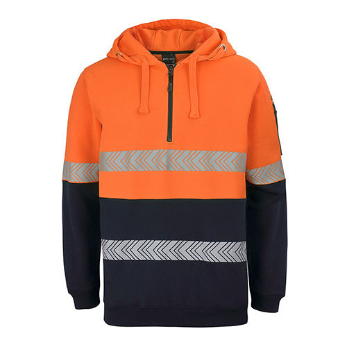 Load image into Gallery viewer, JB's Hi Vis Half Zip Segmented Tape Hoodie, featuring a hood with draw-cord, ribbed hem, sleeve cuffs, and segmented reflective tape. Designed for durability and comfort, with side pockets and a pen pocket on the sleeve.