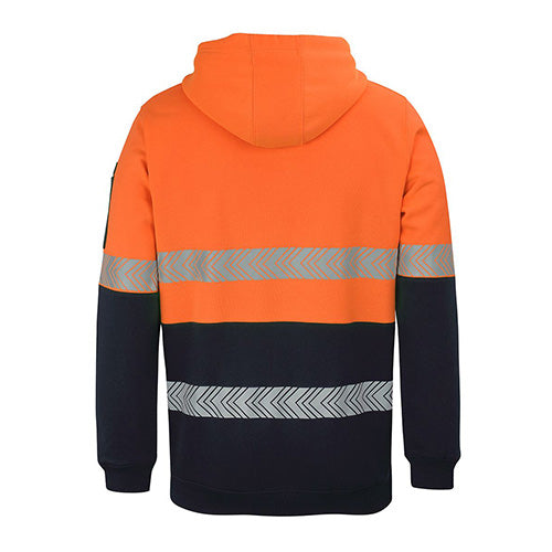 Load image into Gallery viewer, JB's Hi Vis Half Zip Segmented Tape Hoodie features a hood with draw-cord, rib hem, sleeve cuffs, reflective tape, and pockets, ideal for workplace safety and comfort.
