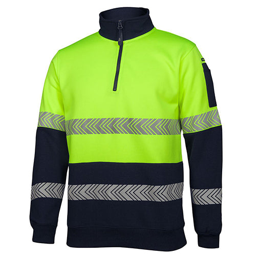 Load image into Gallery viewer, JB's Hi Vis Half Zip Segmented Tape Fleece, featuring a 1/2 zip collar, rib basque and cuffs, and a pen pocket on the sleeve. Designed with segmented reflective tape for enhanced visibility.