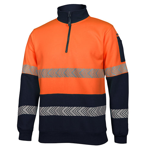 Load image into Gallery viewer, JB's Hi Vis Half Zip Segmented Tape Fleece features a high-visibility design with a 1/2 zip collar, ribbed cuffs, and segmented reflective tape, ideal for safety and comfort in workplace environments.
