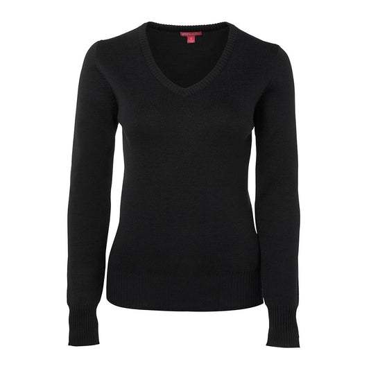 JB's Ladies Long Sleeve Knitted Jumper, featuring a V-neck design and red trim, showcases a blend of wool and acrylic for warmth and easy care, suitable for workplace settings.