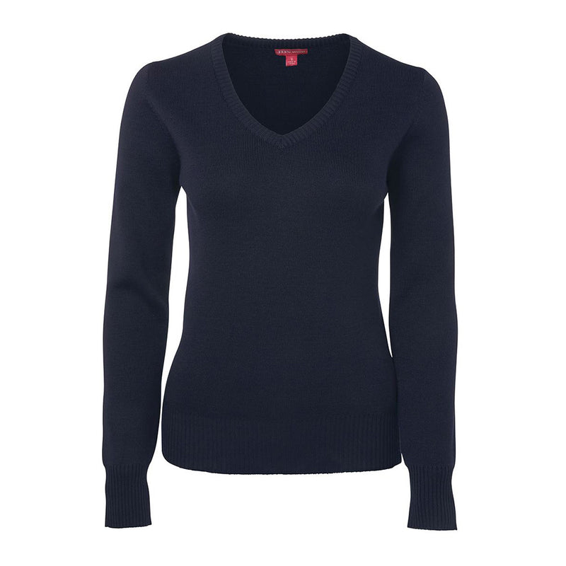 Load image into Gallery viewer, JB's Ladies Long Sleeve Knitted Jumper features a black, V-neck design with a red logo, crafted from a wool-acrylic blend. Ideal for workplace safety and comfort, reflecting Active Safety's commitment to quality workwear.