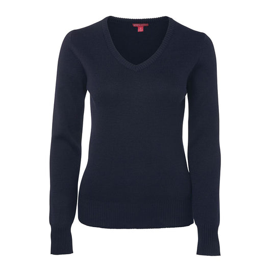 JB's Ladies Long Sleeve Knitted Jumper features a black, V-neck design with a red logo, crafted from a wool-acrylic blend. Ideal for workplace safety and comfort, reflecting Active Safety's commitment to quality workwear.