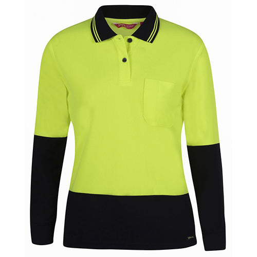 JB's Ladies Hi Vis L/S Polo Shirt features a black and yellow design with long sleeves and a reinforced chest pocket, crafted from durable, moisture-wicking polyester, ideal for safety and workplace environments.