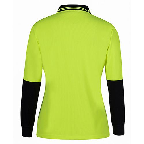 JB's Ladies Hi Vis L/S Polo Shirt, featuring a durable 100% polyester build, long sleeves, and a reinforced chest pocket with pen insert, ideal for safety-focused work environments.