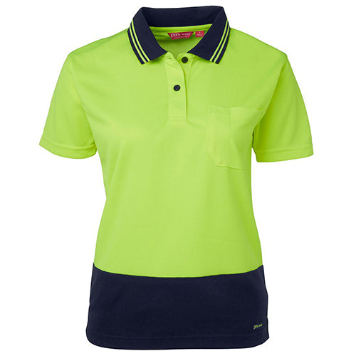 JB's Ladies Hi Vis Comfort S/S Polo Shirt featuring a durable micro mesh fabric with moisture-wicking technology, reinforced chest pocket, and straight hem with side splits, ideal for safety and work environments.