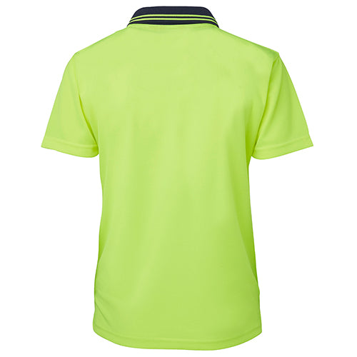 JB's Ladies Hi Vis Comfort S/S Polo Shirt on a mannequin, showcasing its durable micro mesh fabric and reinforced chest pocket, ideal for safety and comfort in active work environments.