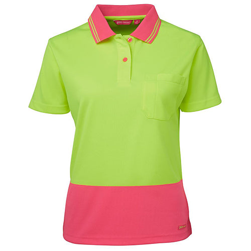 JB's Ladies Hi Vis Comfort S/S Polo Shirt with a reinforced chest pocket and pen insert, designed in durable micro mesh fabric for workplace safety, featuring a straight hem with side splits.