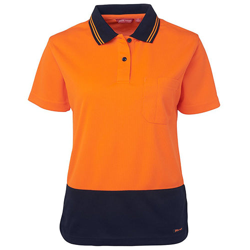 Load image into Gallery viewer, JB's Ladies Hi Vis Comfort S/S Polo Shirt features a durable micro mesh fabric with moisture-wicking properties, a reinforced chest pocket, and a straight hem with side splits, ideal for workplace safety.