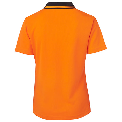Load image into Gallery viewer, JB's Ladies Hi Vis Comfort S/S Polo Shirt, showcasing the back, features moisture-wicking micro mesh fabric, a reinforced chest pocket, and side splits, perfect for safety-focused work environments.