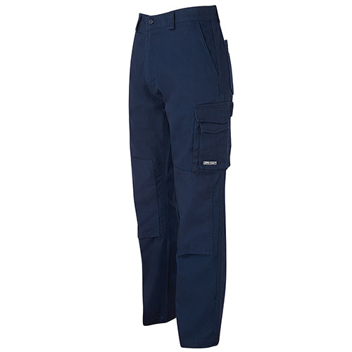 JB's Canvas Cargo Pants featuring durable 345gsm canvas duck weave, multiple pockets including cargo and mobile phone pockets, and Cordura® reinforced areas, ideal for workplace safety and comfort.