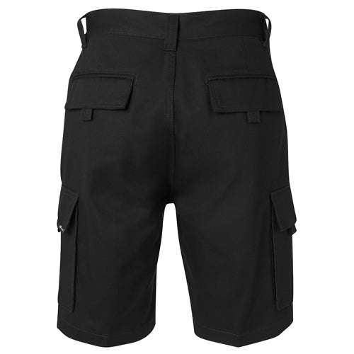 JB's Work Cargo Short features cargo pockets with Velcro flaps, front and back welt pockets, and a YKK zipper, designed for durability and comfort, suitable for safety and work environments.