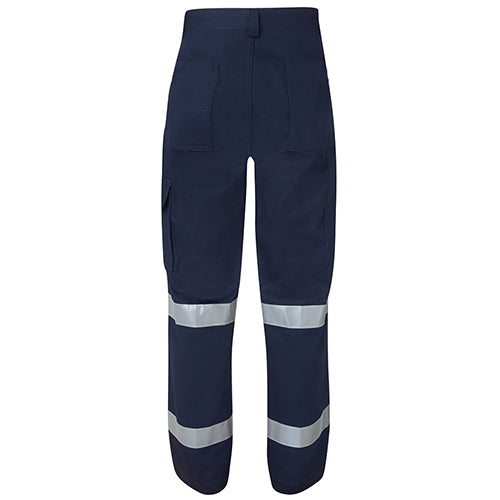 JB's Bio Motion Pants featuring reflective stripes for enhanced visibility, crafted from 100% cotton with a nylon zipper and multiple pockets, ideal for safety-conscious work environments.