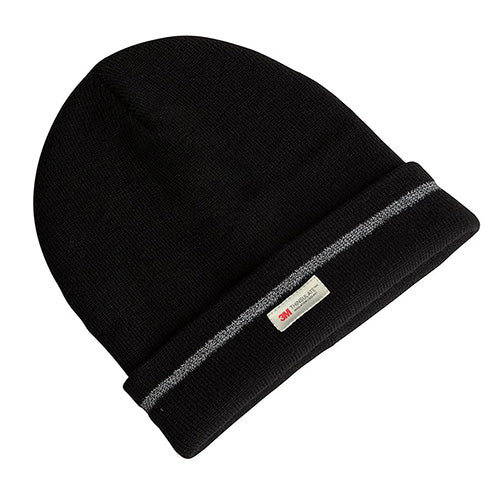 JB's Acrylic Reflective Stripe Beanie features a black design with a prominent white stripe and a visible white label with red text. This double-layered beanie incorporates 3M Thinsulate lining for enhanced warmth.