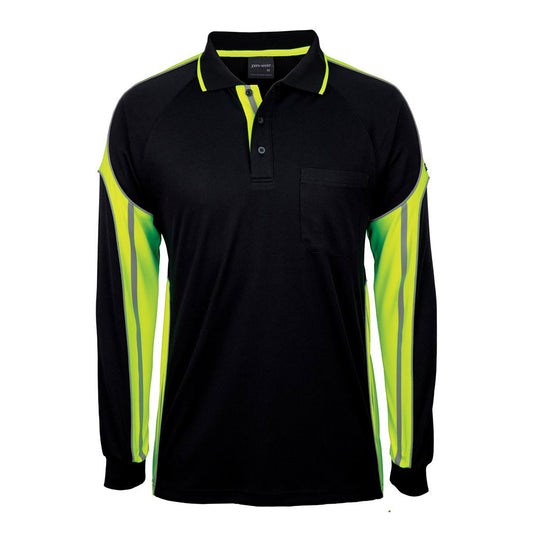 JB’s Long Sleeve Street Panel Polo in durable micro mesh fabric, featuring a reinforced chest pocket with pen insert, straight hem with side splits, designed for moisture wicking and UPF 50+ protection.